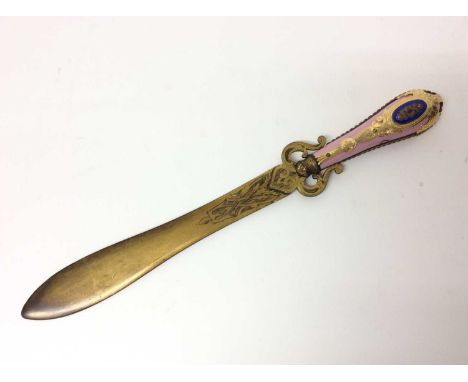 19th century Continental gilt metal and pink enamel letter opener/page turner with engraved decoration