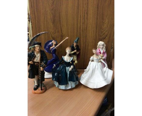 Group of five Royal Doulton figures; Long John Silver, The Pied Piper, Janine, Nancy, Faith, together with a Franklin Porcela