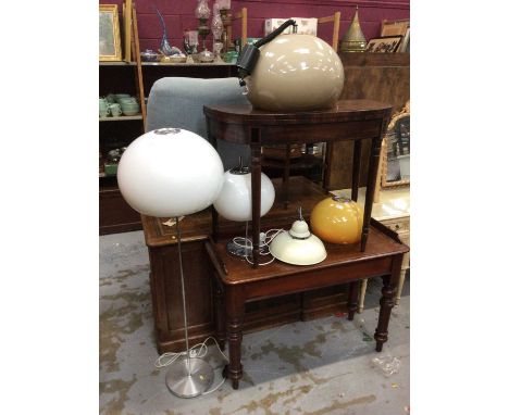 Vintage lighting, four with plastic shades and one enamel, including a floor lamp,, table lamp and three ceiling lights