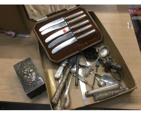 Five silver handled knives in fitted case, silver flatware and curling tong box