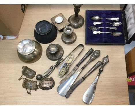 Group of silver, white metal and sundry items to include Austrian silver teaspoons, candlesticks, inkwell and decanter labels