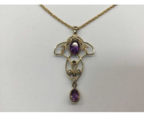 Edwardian style 9ct gold amethyst and seed pearl pendant on chainCondition report: Good condition. One smaller seed pearl is 