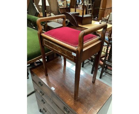 Edwardian piano stool, another low stool with velvet top, antique commode, walnut occasional table and an oak occasional tabl