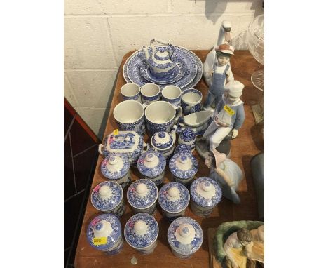 Group of Spode blue and white china to include herb storage jars and lids, Italian pattern and four Lladro porcelain figures