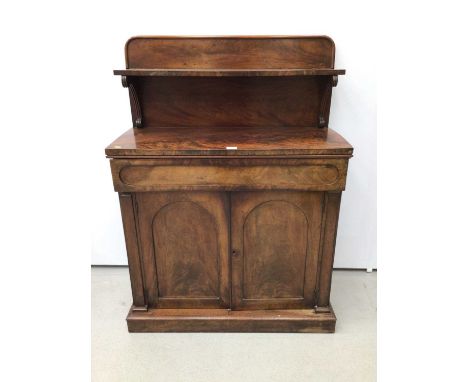 Early Victorian mahogany chiffonier with single drawer and arched panelled doors below on plinth base H122, W90, D42cm