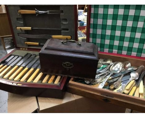Georgian tea caddy, old games and cased cutlery sets
