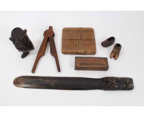 Collection of antique treen, including a Black Forest paper knife, 40cm long, a carved owl figure (with rear recesses, possib