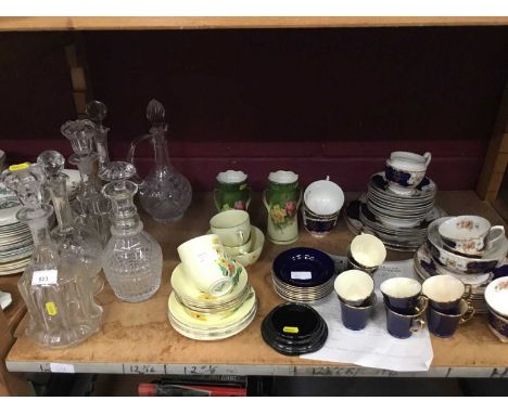 Lot cut glass decanters and decorative teaware and coffee wareCondition report: Pair Edwardian decanters with engraved decora