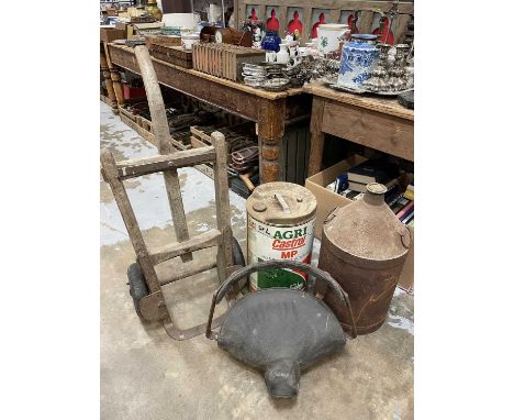Vintage 'Terry Tractor Seat', antique wooden sack barrow and two old fuel cans