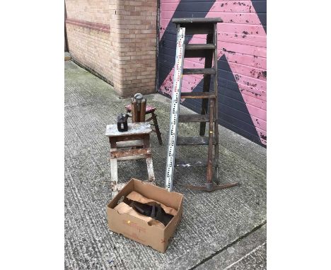 Kern theodolite and tripod, together with three step ladders, a pick axe, a 4m measure, and a box of iron shoe lasts and flat