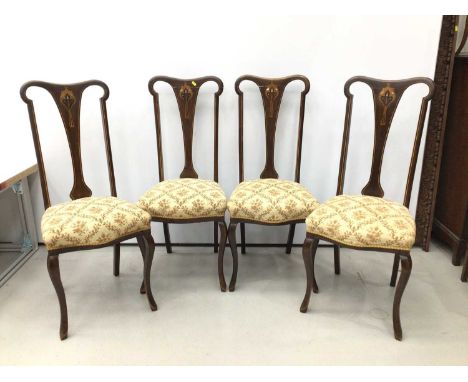 Edwardian Art Nouveau mahogany set of four dining chairs with tall shaped backs, mother of pearl and inlaid decoration on cab