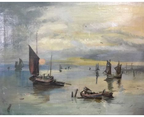 Continental oil on canvas seascape, unframed, unsigned and a watercolour of a battleship, two models of battleships