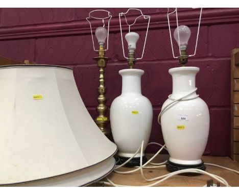 Pair of ceramic table lamps and others including a brass standard lamp