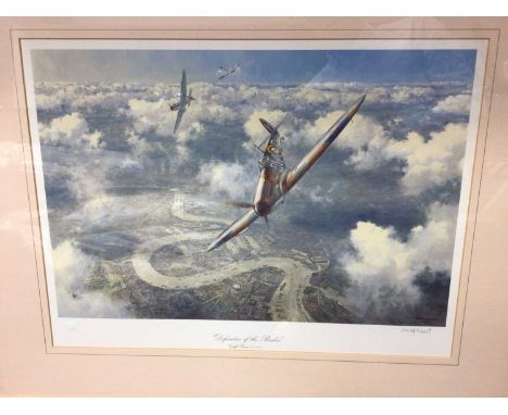 Geoff Hunt signed aviation print of Spitfires together with three antique crutches (4)