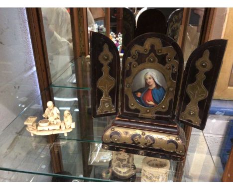 Japanese ivory okimono, together with a French reliquary with porcelain painting of a Saint and a wooden mantel clock (3)