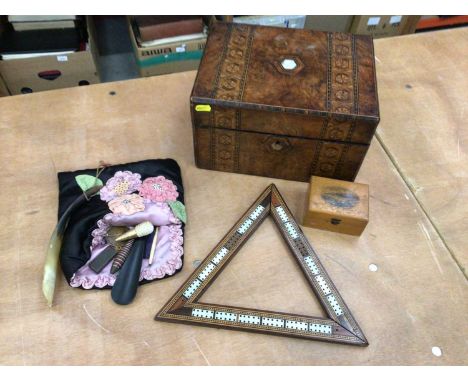 Victorian inlaid walnut sewing box, together with a Mauchline ware box, a triangular cribbage board and other bijouterie incl