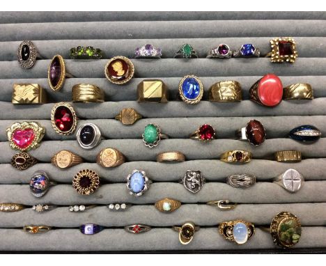 Collection of dress rings on tray including some silver, 9ct gold cased ladies vintage wristwatch, Victorian seal fobs, pocke