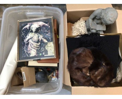 Sundry items, including enamel ware trays, mortar board, fur hat, tiles etc