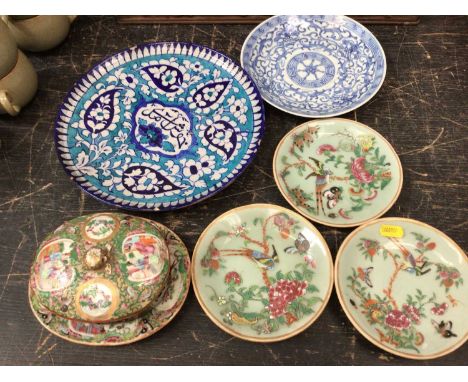 19th century Chinese famille rose porcelain butter dish and stand, together with three 19th century Chinese celadon dishes, a