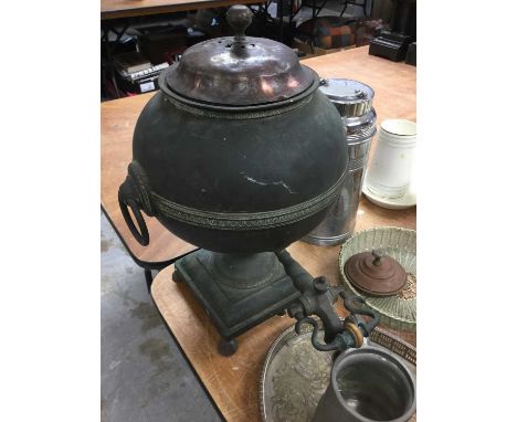 19th Century Copper Samouvar, silver plated gallery tray, thermos flask and sundry items