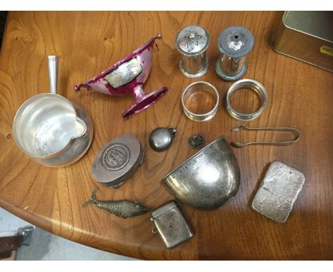 Group of silver and white metal items to include brandy warming pan, sovereign case, hip flask cup and other itemsCondition r