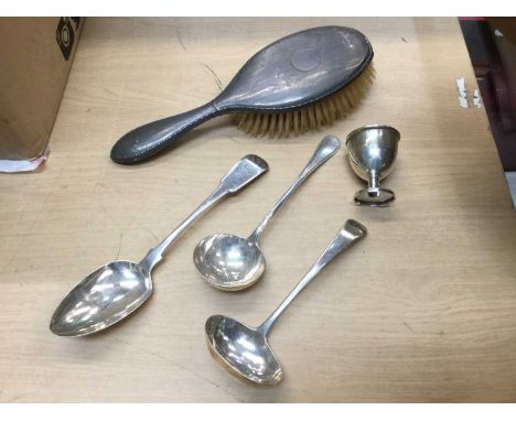 Georgian silver fiddle pattern table spoon, silver Old English pattern ladle, another silver ladle, silver egg cup and silver