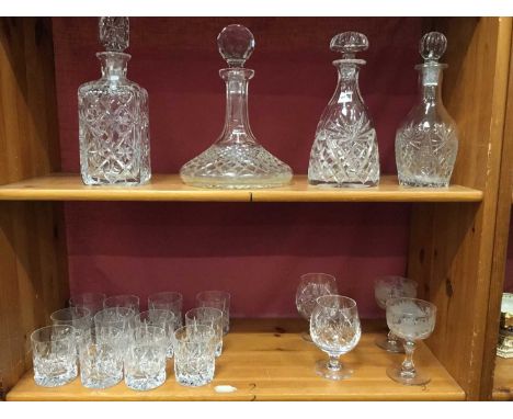 Set of twelve vintage cut glass whisky tumblers, pair of Victorian cut and etched glass champagne coupes, pair of cut glass b