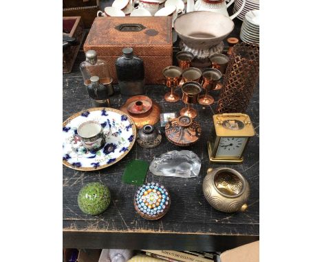 Sundry items, to include a brass carriage clock, paperweights, jewellery box, hip flasks, etc