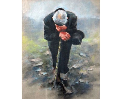 UNATTRIBUTED PASTEL ON COLOURED PAPER Grieving man with stick, 'Destiny Lost' 20 1/2" x 16 1/4" (52.1 x 41.3cm)