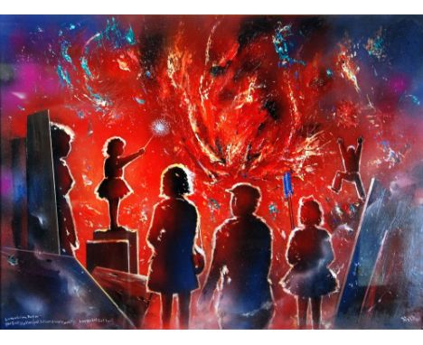 DAVID WILDE (1918 - 1978) MIXED MEDIA ON BOARD 'Levenshulme Bonfire, Her First Sparkler, (mad, but I was strangely moved), I 
