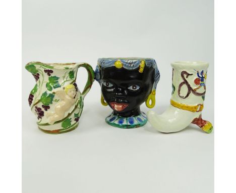 Lot of Three (3) Vintage Italian Majolica Pottery Decorative Items. Includes a Blackamoor Vase (repaired) 6-1/2", cornucopia 