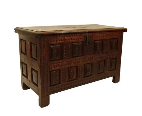 Large and Heavy 18th Century Italian Carved Walnut Trunk With Wrought Iron Hardware. Unsigned. Surface wear consistent with a