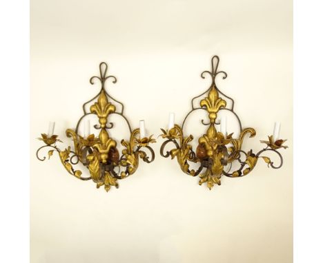 Pair of Early to Mid 20th Century Wrought Iron Three Light Sconces with Gilt Metal Acanthus Leaves and Fleur de Lis. Unsigned