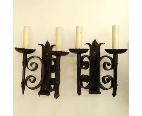 Pair of Early to Mid 20th Century Wrought Iron Two Light Sconces. Unsigned. Rubbing, otherwise good condition. Measure 15" H,