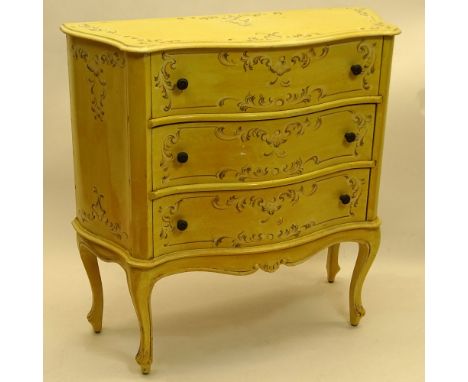 Mid 20th Century Italian Painted Three Drawer Commode. Signed Made In Italy. Minor Rubbing or in good condition. Measures 31-