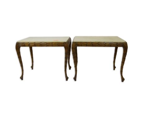 Early to Mid 20th Century Italian Carved Wood Occasional Tables with Granite Tops. Unsigned. Light wear or good condition. Me