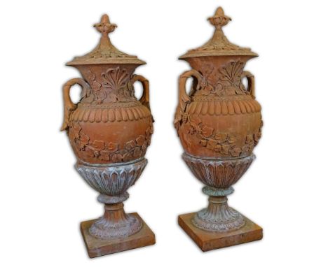 Pair of Monumental Decorative Pair Of Terracotta Garden Urns With Circular Lids. The lids are decorated with acorn finials an