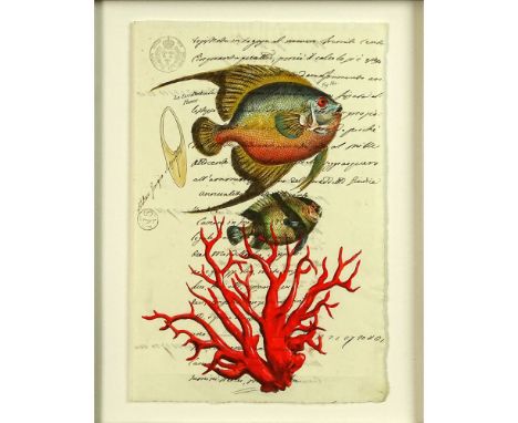 18th Century Manuscript Hand Decorated with Later Watercolor "Fish". Toning from age or in good condition. Measures 12" x 8",