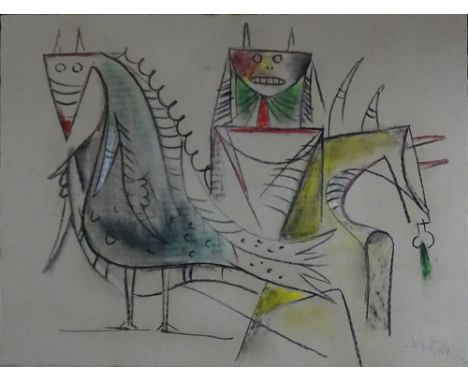 Wifredo Lam, Cuban (1902-1982) Chalk Drawing on Strathmore Watermarked Paper "Untitled - Composicion con ane y Eleggua".  Sig