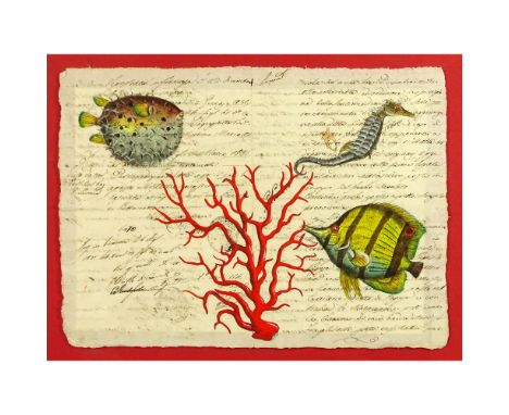 18th Century Manuscript Hand Decorated with Later Watercolor "Sea Life". Toning from age or in good condition. Measures 12" x