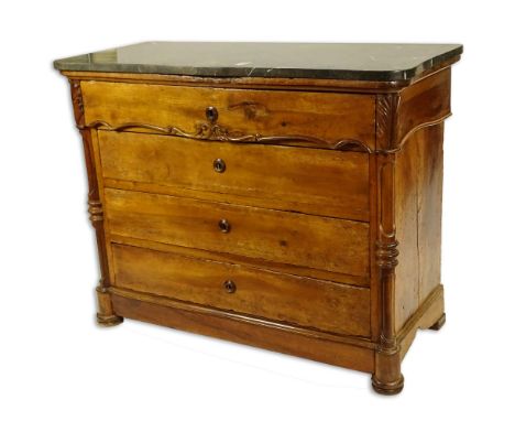 Large Mid 19th Century Italian Walnut Commode With Later Added Limestone Top. Unsigned. Surface wear, losses, old wood worm d