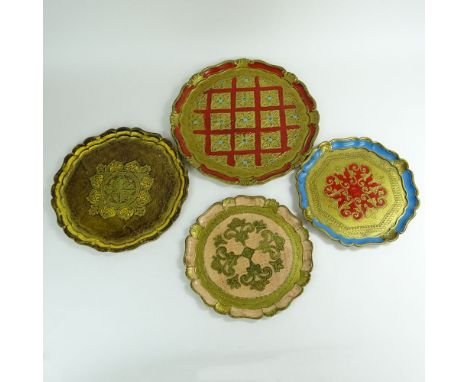 Group of Four (4) Vintage Italian Florentine Hand Painted Carved Wood Trays. Various sizes. Unsigned. Light wear or good cond