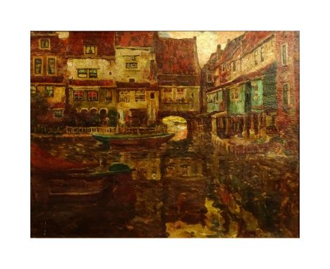 19/20th Century Italian School Oil on Canvas "Venice Canal" Unsigned. Craquelure, patch en verso. Measures 21-3/4" x 27-1/2",