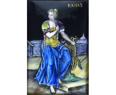 Circa 1900 Limoges Enamel on Copper Plaque, "Rahab". Unsigned. Good condition. Measures 6" H, 4" W; frame measures 8-1/2" H, 