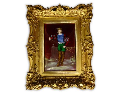 Circa 1900 Limoges Enamel on Copper Plaque, "Cavalier". Signed (?) Susan en verso. Good condition. Measures 9-7/8" H, 6-1/2" 