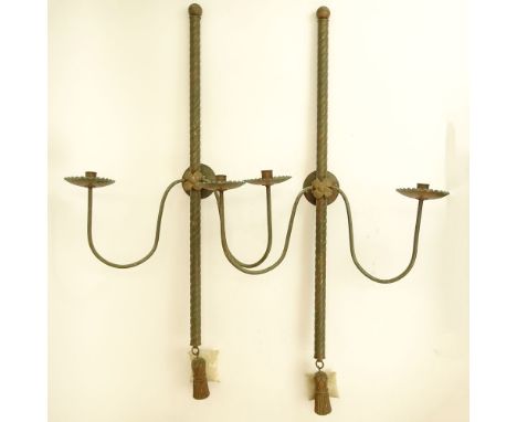 Pair Early 20th Century Painted Metal Two Light Sconces With Carved Wood Tassels. Unsigned. Wear, rubbing distressed vintage 
