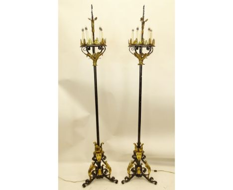 Pair of Five (5) Light Hand Wrought Iron and Brass Torchieres With Decorative Gilded Foliate Motifs. Unsigned. Good condition
