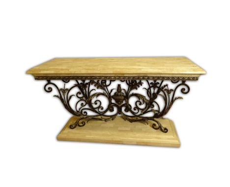 Large Contemporary Faux Marble and Iron Console. Unsigned. Good condition. Measures 36" H x 63" L x 19-1/4" D. Provenance: Co