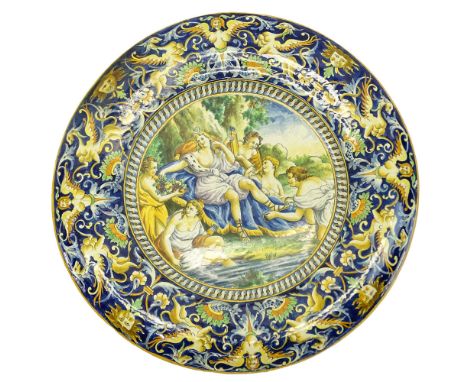 Impressive Early 20th Century Italian Majolica Charger. Unsigned. Light crazing or in good antique condition. Measures 24" di