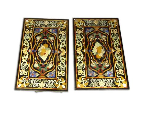 Pair 19th Century Pietra Dura Table Tops on Later Wrought Iron Bases. Unsigned. Minor chips to edges. Light surface scratches